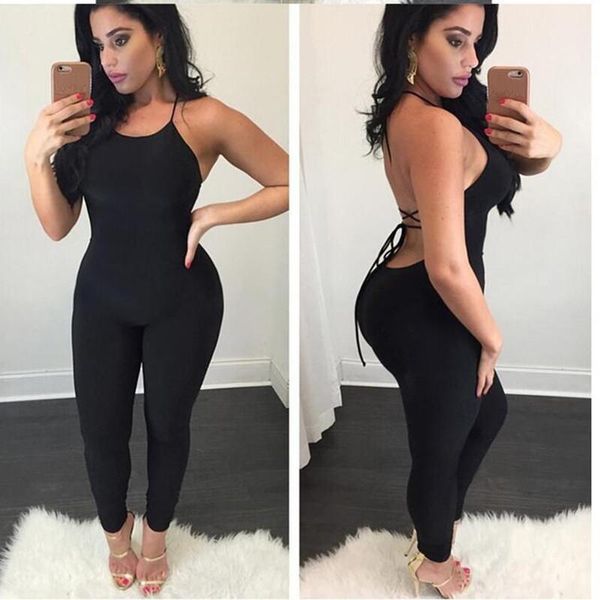 

women summer jumpsuits strap women backless hollow out lace-up sleeveless solid club party female jumpsuit, Black;white