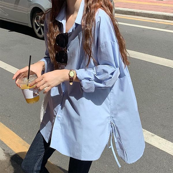 

2021 women spring autumn oversized single breasted blouse stand collar casual shirt loose hem brief cardigan, White