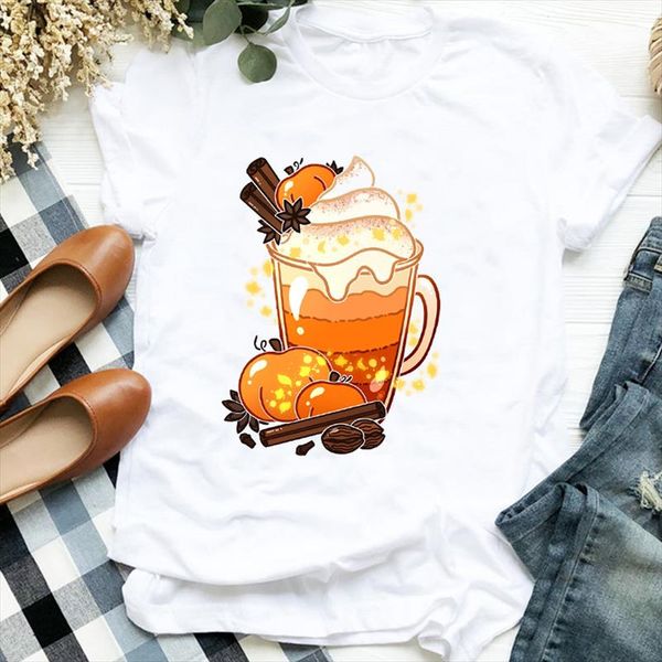

women lady cartoon coffee pumpkin spice thanksgiving fall halloween tshirt shirt clothes graphic female t tee womens t shirt, White