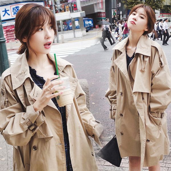 

autumn 2020 women's trench coat mid-length korean loose casual double-breasted thin ladies windbreaker khaki outwear women e57, Tan;black