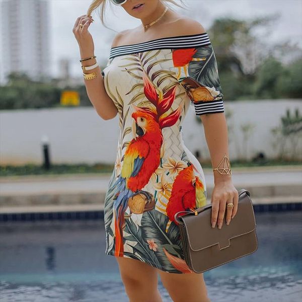 

2020 весна женщины элегантный sexy bodycon mini бальные платья дамы с плеча птица pattern полосатой ленты сращивание платье, Black;gray