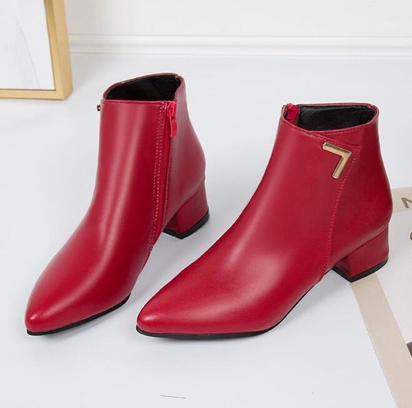 

2020 fashion women boots casual leather low high heels spring shoes woman pointed toe rubber ankle boots black red zapatos mujer1