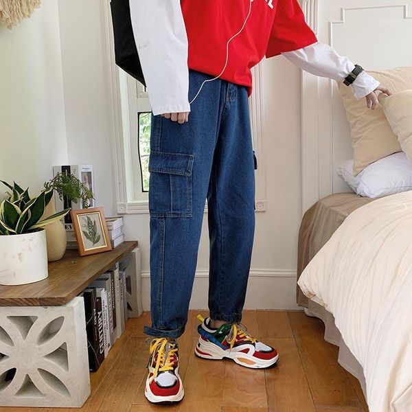 

wholesale 2020 denim casual boys jeans men hong kong style new korean casual wild feet beam pants loose brand pants1, Blue