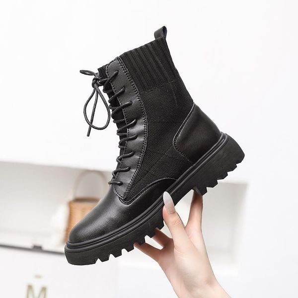 

fashion 2020 spring autumn stretch boots women black ankle sock boots chunky high heels round toe women shoes lace up sock