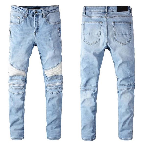 

mens jeans classic hip hop pants stylist jeans distressed ripped biker jean slim fit motorcycle denim jeans 698g, Blue