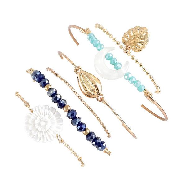 

6pcs/set beach bracelets women fashion leaf moon gold shell flowers crystal beads bracelet set bohemian party jewelry gifts, Black