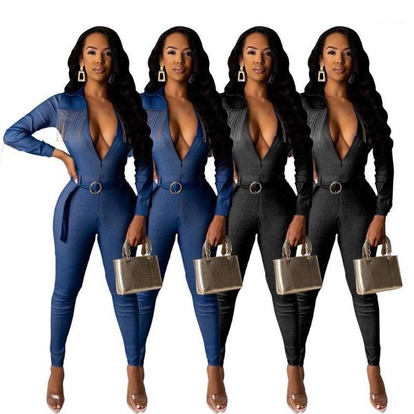 

denim overalls rompers womens jumpsuit casual long sleeve elegant tassel zipper v neck jumpsuit street wear long trousers1, Black;white