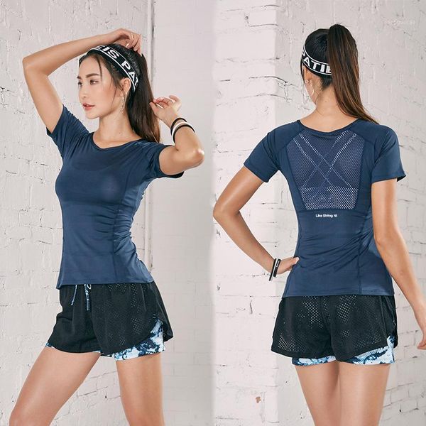 

yoga outfits 3pcs/set women set tracksuit gym running clothing quick dry workout clothes sports bra mesh short sleeve shirts shorts1, White;red