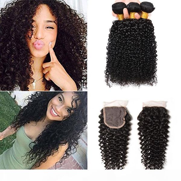 

8a indian deep curly hair with lace closure 3pcs ear to ear lace closure with baby hair and human hair bundles ing, Black;brown