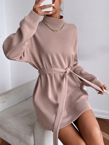 

mock neck drop shoulder belted sweatshirt dress l1us#, White;black