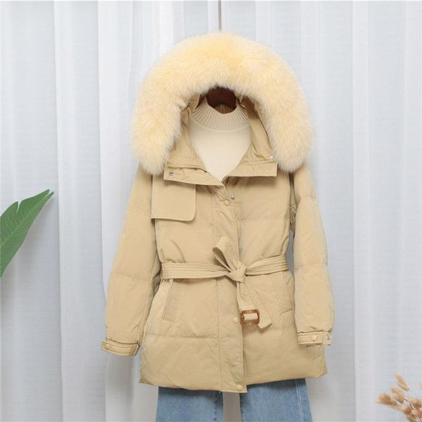 

women 2020 winter new fur collar 90% white duck down coat female short jacket slim hooded parkas ladies overcoat with sashes p40, Black