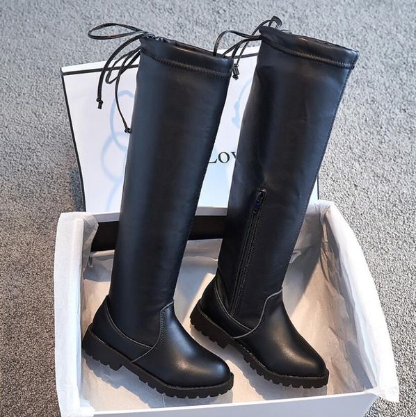 

kids new winter children princess leather shoes for girls zip waterproof long soft fashion martin boots, Black