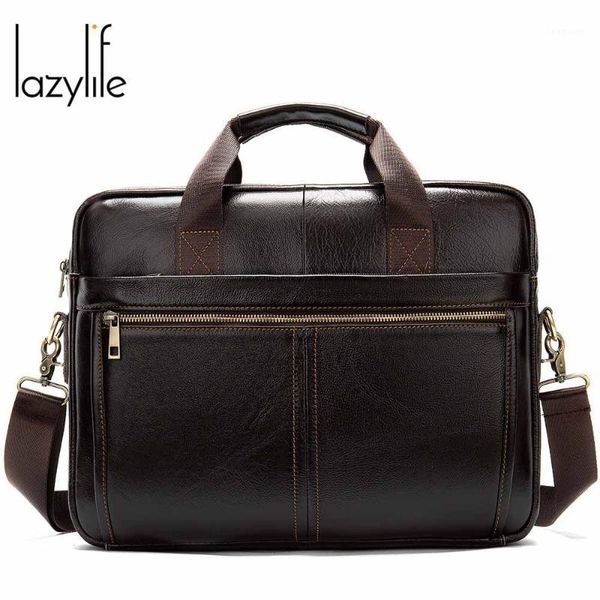 

lazylife briefcase messenger bag men's genuine leather 14'' lapbag men's briefcases office business tote for document1
