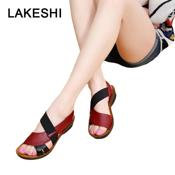 

lakeshi summer women sandals leather slip-on women shoes fashion soft bottom mother sandals wedge sandals peep toe female shoes y200405, Black