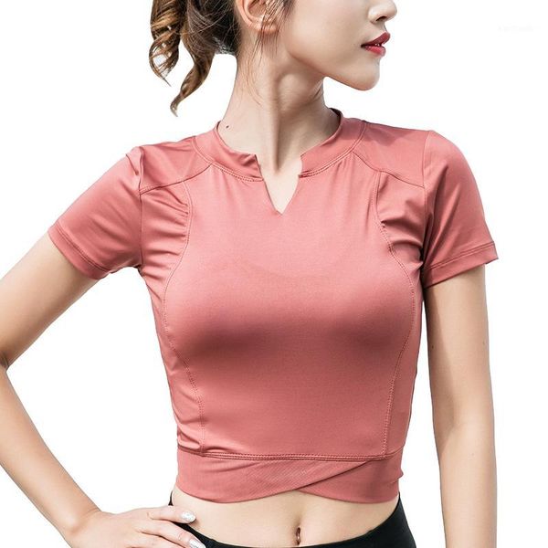 

yoga outfits women short sleeve breathable cropped stylish compression v neck fitness gym running active t shirts1, White;red
