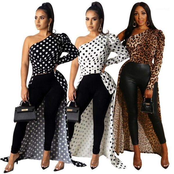 

women one shoulder blouse leopard dot autumn puff sleeve party asymmetrical long warp streetwear party evening club shirt1, White