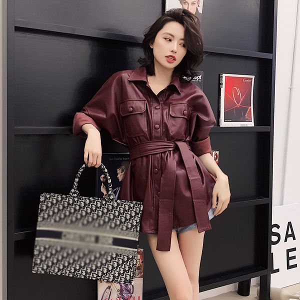 

leather jacket women tie belt waist pockets outwear fashion single button coats burgundy casual elegant faux pu jackets, Black