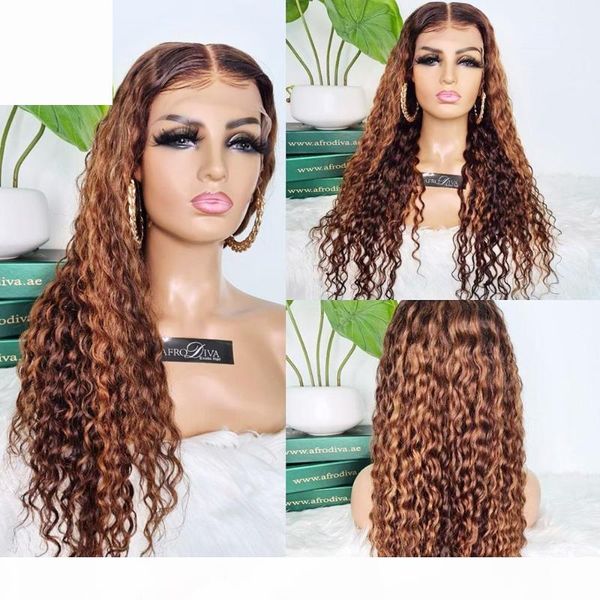 

kungang highlight t-part lace front human hair wigs curly 150% density lace wigs with baby hair brazilian middle ratio non-remy, Black;brown
