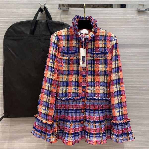 

european and american women's clothing 2020 summer new style long - sleeved standneck with rainbow plaid fashionable tweed coat, Black