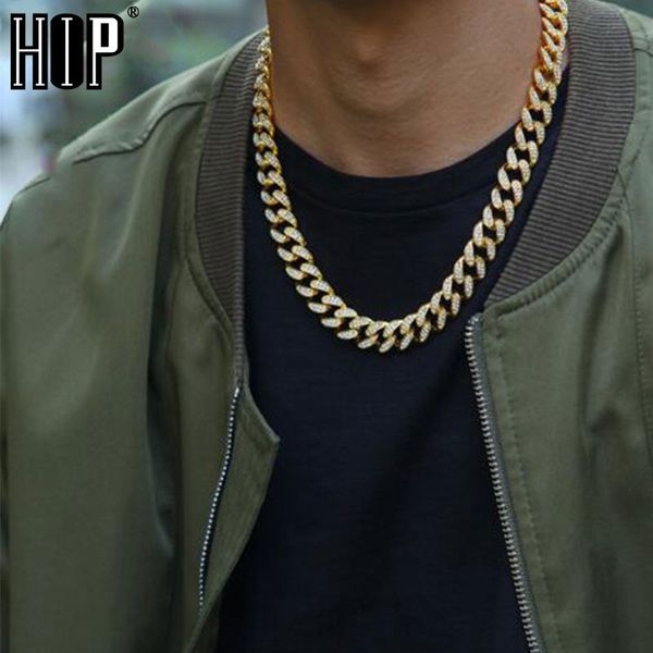 

hip hop iced out paved rhinestones 1set 13mm gold silver full miami curb cuban chain cz bling rapper necklaces for men jewelry