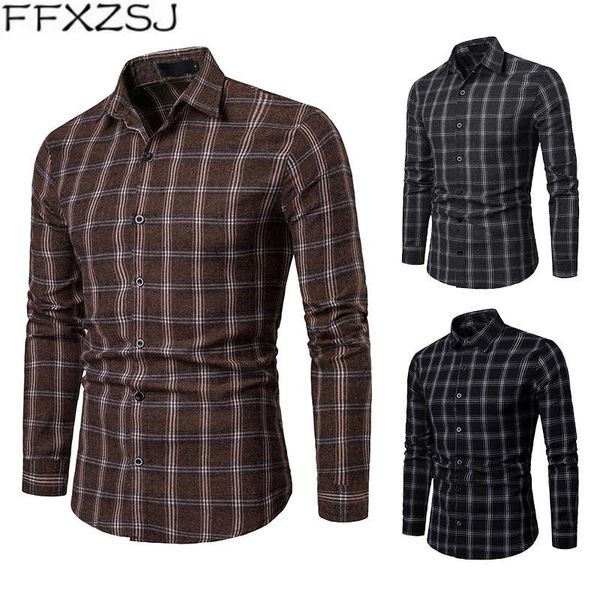 

ffxzsj brand 2020 men's slim casual long-sleeved plaid shirt with lapel and long sleeve european size acetate single breasted, White;black