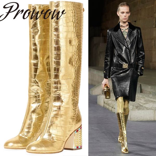 

prowow new runway fashion gold metallic leather knee high boots round toe thick heel autumn winter boots shoes women, Black