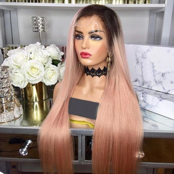 

lace wigs light pink ombre silky straight transparent front human hair with baby brazilian for black women natural hairline, Black;brown