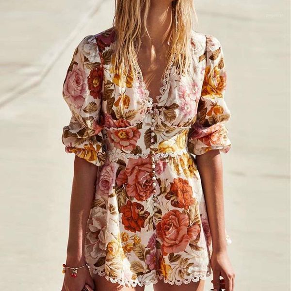 

paris girl vintage colored broken flower lace long sleeve v-neck high waist jumpsuit shorts1, Black;white