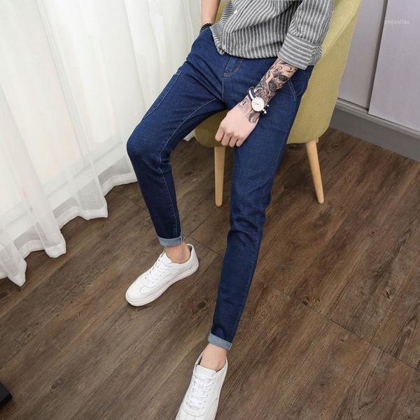

patch pocket solid mens jeans brand slim fit denim fashion trousers mid waist full-length men clothes 2020 plus size1, Blue