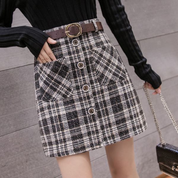 

new 2021 autumn tweed female plaid skirts fashion ladies single high breasted skirt y384 n5p4 cpz2, Black