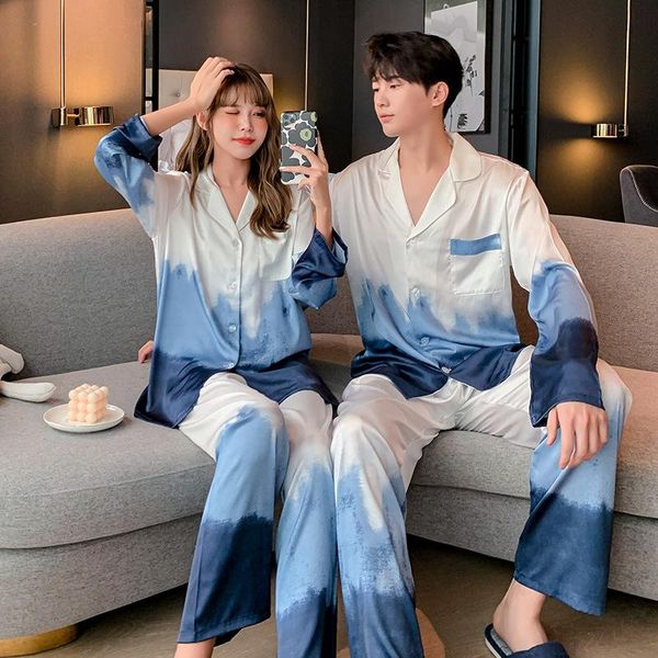 

men's sleepwear fzslcyiyi couple gradient printed pajamas set spring lovers men women long sleeve pants satin homewear nightwear, Black;brown