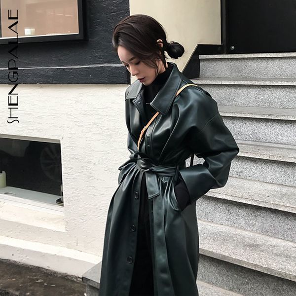 

shengpalae 2020 winter autumn streetwear style women full sleeve turn-down collar adjustable waist pu loose coat tide fq941 1031, Tan;black