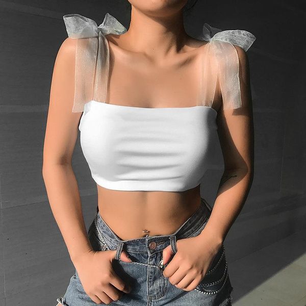 

street womens summer camis t shirt solid color sling bow round neck slim casual sports joker short sleeve crop top, White
