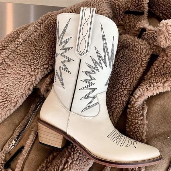 

boots smile circle embroidered western cowboy women genuine leather square-med heels pointy-toe knee high ladies shoes, Black