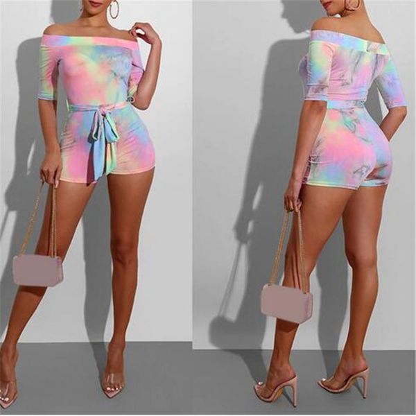 

2020 femmes cravate colorant imprimer hors Ã©paule papillon manches moulante courte combinaison boÃ®te de nuit fÃªte barboteuse combishort, Black
