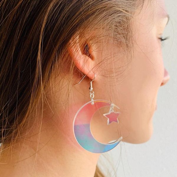 

star moon drop earrings for women acrylic iridescence dangle earring trendy jewellry, Silver