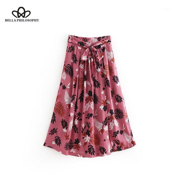 

herstory stylish leaves print skirt elastic waist bow tie sashes buttons pockets retro ladies summer midi skirts faldas1, Black