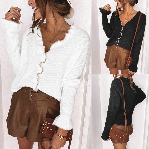 

women's fashion v-neck wooden ears casual knitted sweater, White;black