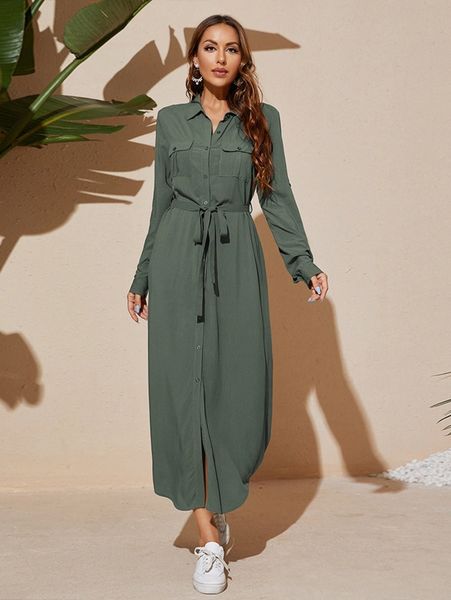 

roll up sleeve flap pocket belted shirt dress 89yg#, Black;gray