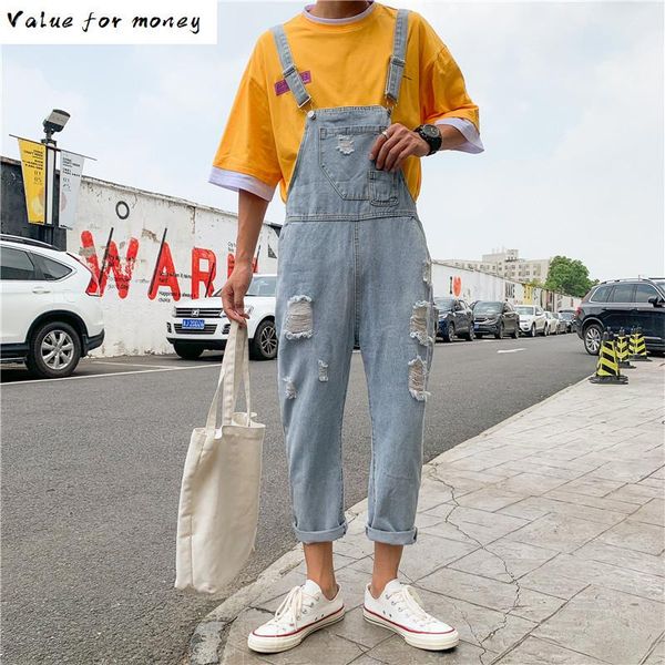 

denim men 2020 jumpsuit overalls jeans casual suspenders pants men fashion hip hop jumpsuit jean pant streetwear -xxl, Blue