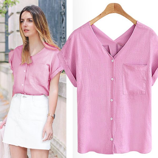 

2019 stylist womens t fashion summer women cotton linen short sleeve v neck pocket solid casual ladies shirt
