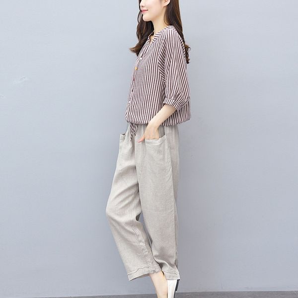 

women's cotton and trouserscotton and trouserslinen suit 2020 summer new women's korean style striped ankle-length pants linen two, Gray