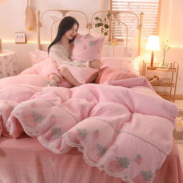 

bedding sets lace lamb cashmere fleece flannel set winter bedclothes 3/4pcs princess 2021 pillowcase embroidery flat pink sheet