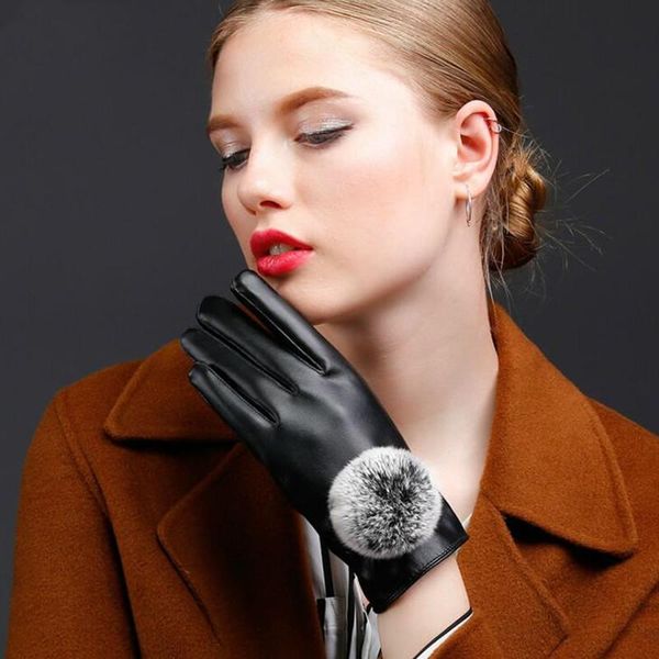 

five fingers gloves imitation leather lady winter thickened warm mittens women' furry lovely rex fur touch screen hand muff h3242, Blue;gray