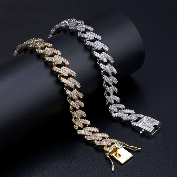 

14mm 7/8nch straight edge diamonds cuban link chain bracelet gold silver iced out cubic zirconia hiphop men jewelry, Black