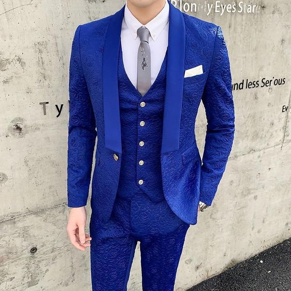 

blue luxury mens rose flower pattern printing suit stage singer performance clothing men groom wedding dress white black blazer1