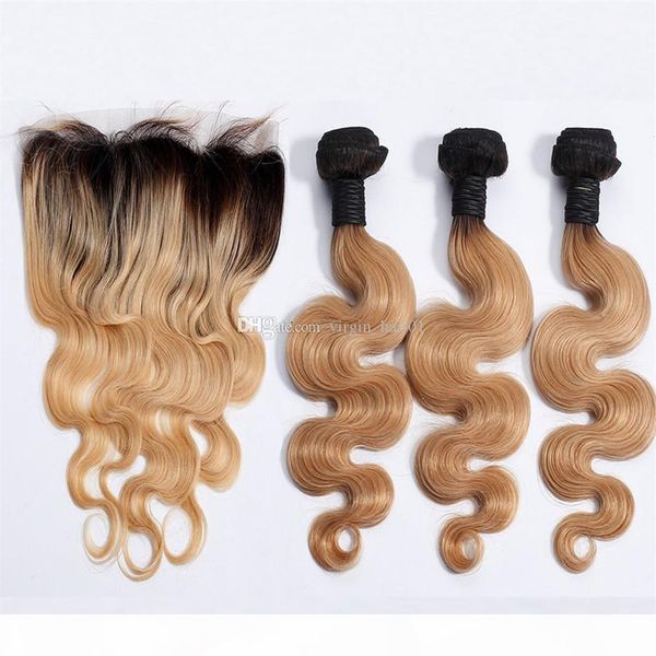 

ombre honey blonde body wave hair for salon 10-30 inch #27 color two tone body wave lace frontal with bundles 4pcs lot, Black;brown