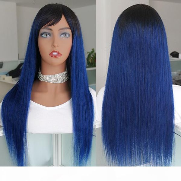 

blue ombre lace front wigs for black women full machine made brazilian remy straight non lace wig with bangs colored glueless braided wig, Black;brown