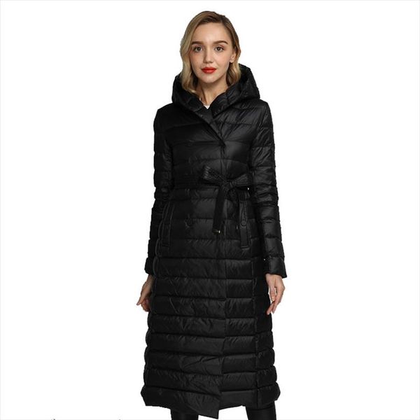 

зимняя куртка женщины длинные вниз пальто с поясом ultra light с капюшоном женский тонкая куртка army green осень белая утка вниз пальто, Black
