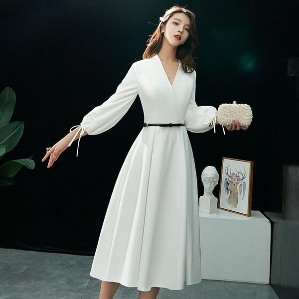 

casual dresses lady white exquisite elegant banquet gown xs-xxxl lantern sleeve classic pleated temperament v-neck formal party dress, Black;gray